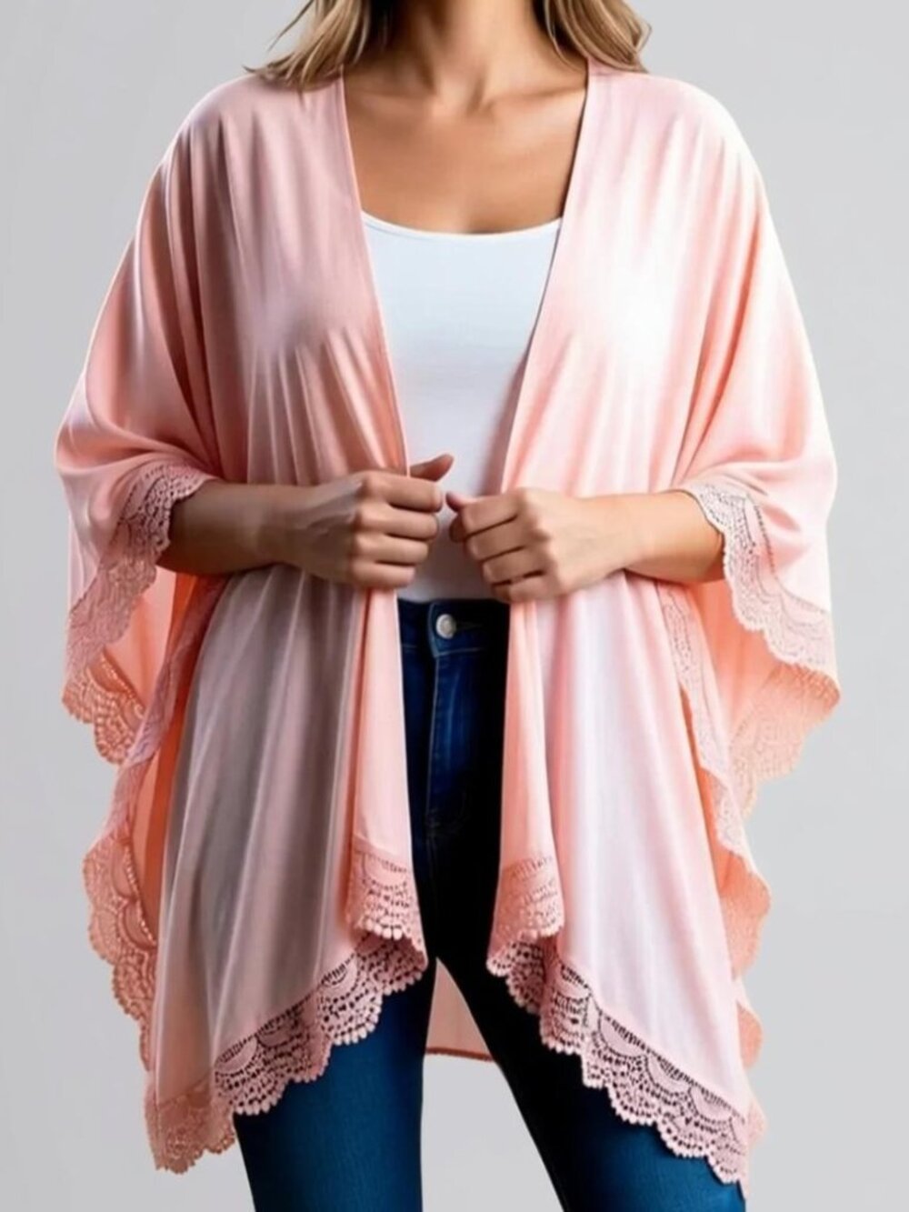 St John's Bay Boho Lace Waterfall Open Front Kimono Cardigan Peach Pink One Size